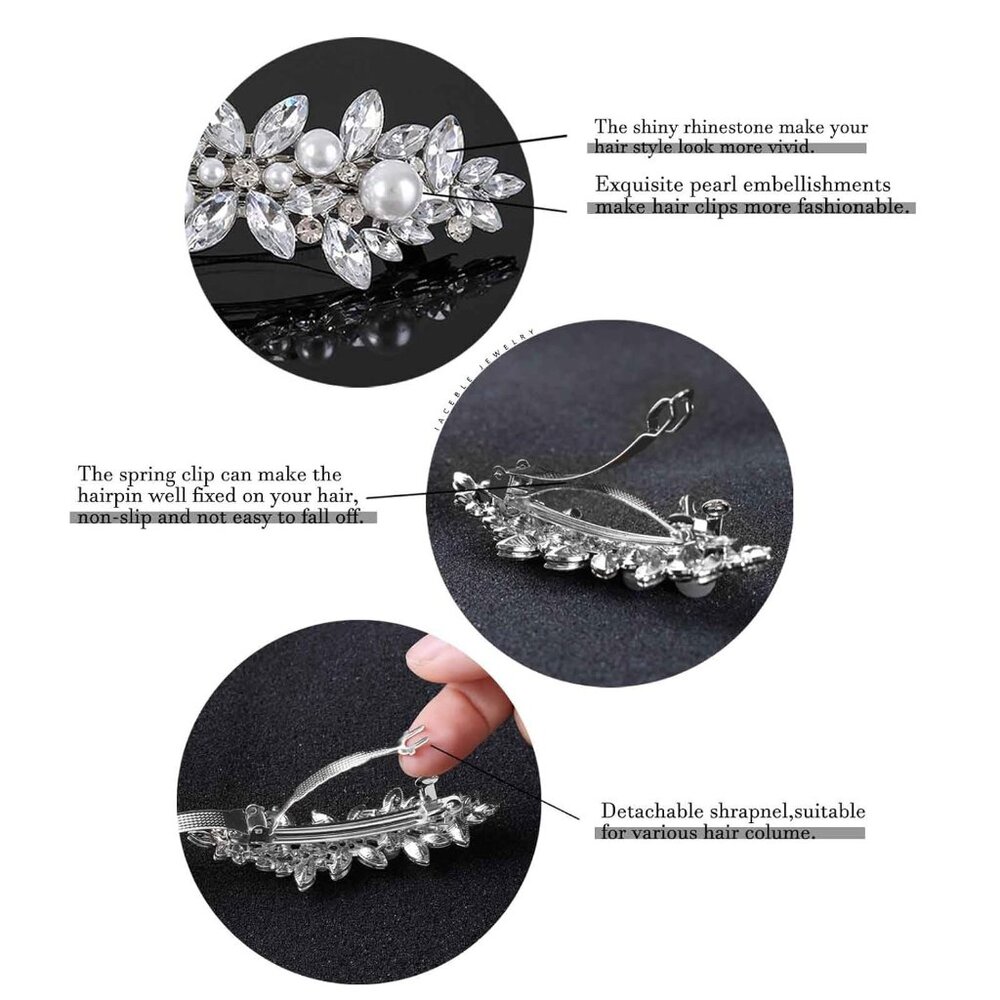 Rhinestone Pearl and Crystal Hair Barrette, Vintage Silver Bridal Hair Accessory - Picture 6 of 7